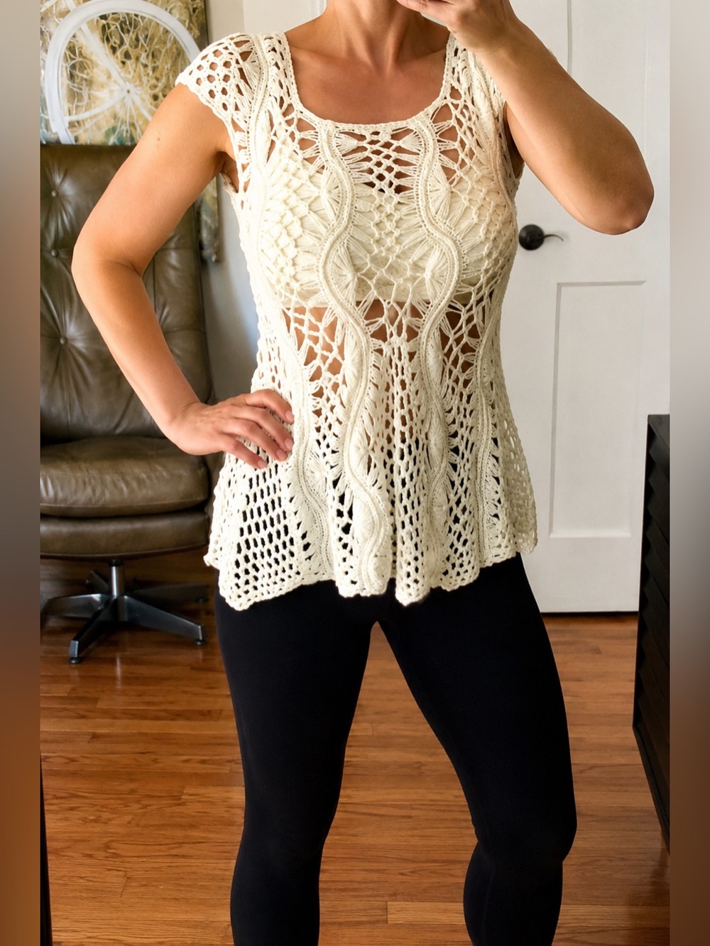 Liquid by Sioni Cream Open Knit Crochet Sweater Top Size S Boho Festival